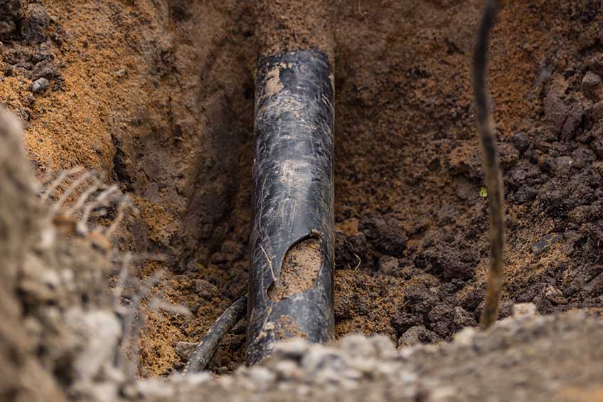 Damaged pipe excavated in the soil