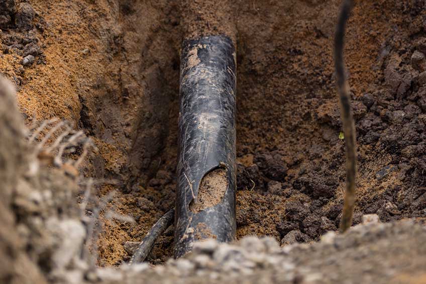 Damaged pipe excavated in the soil Damaged pipe excavated in the soil